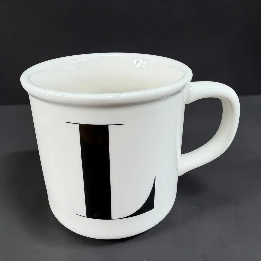 Pottery Barn Initial L Monogram Coffee Mug Cup White Black Stoneware 4in Tall